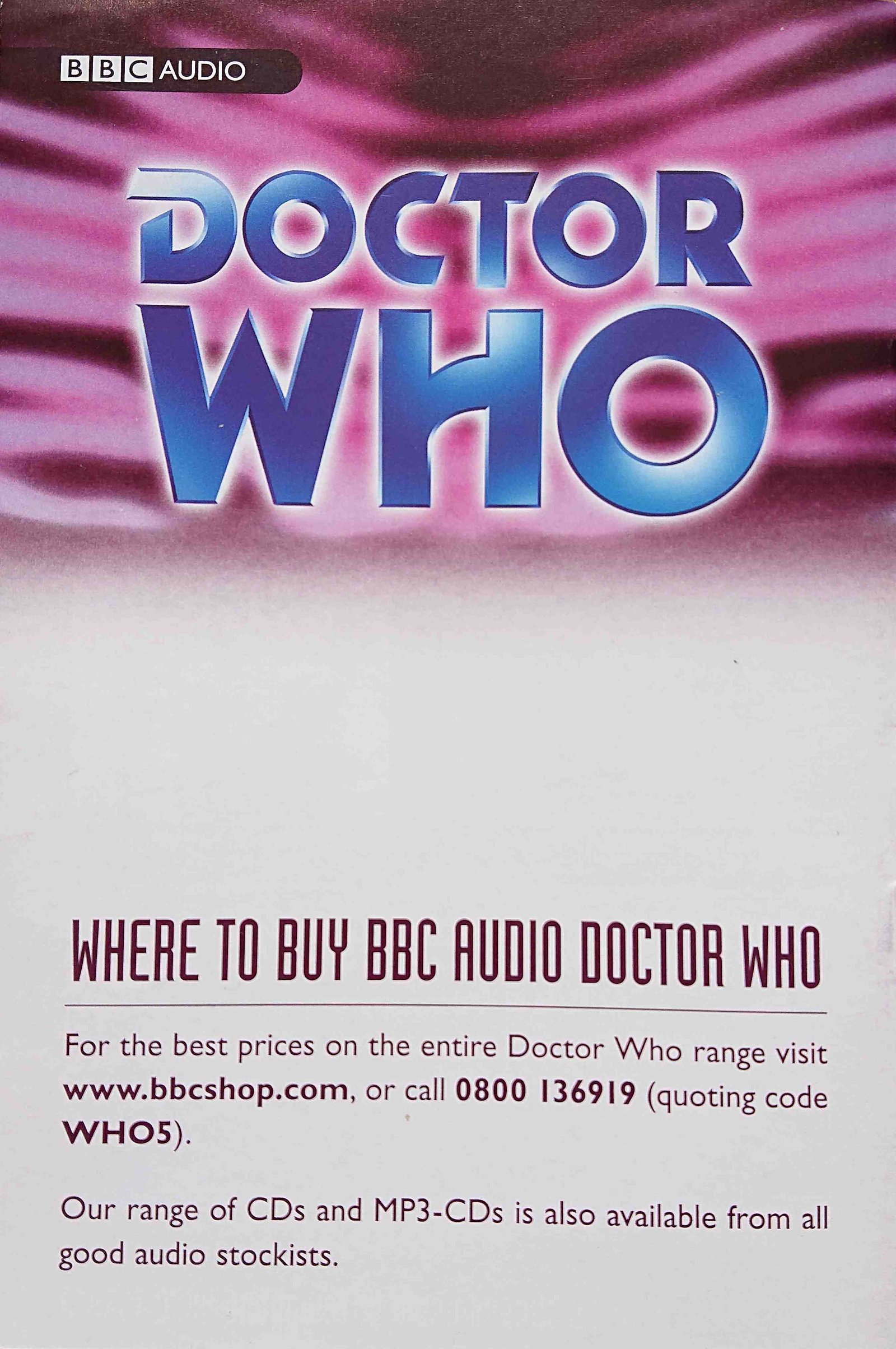 Other pages of catalogue BBC Doctor Who audio adventures catalogue Unknown dates